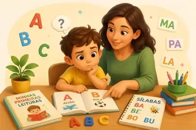 Criança praticando leitura em casa com apoio dos pais